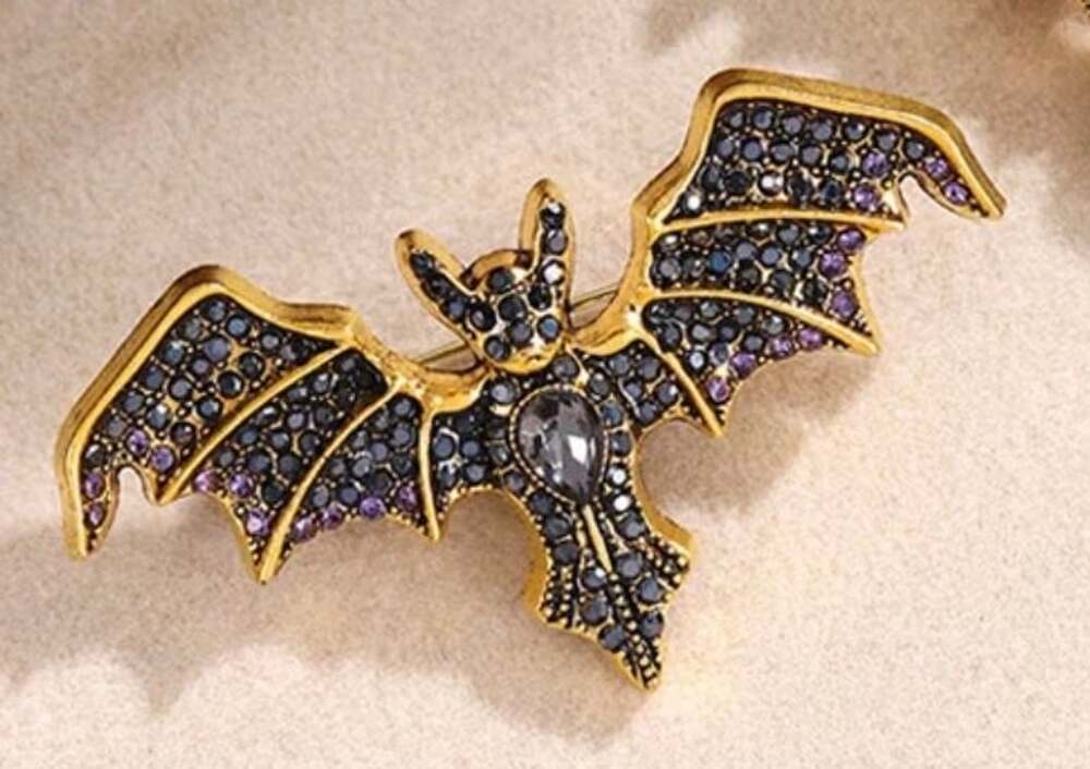 Vintage Bat Rhinestone Brooch Pin Gold Tone Costume Jewelry